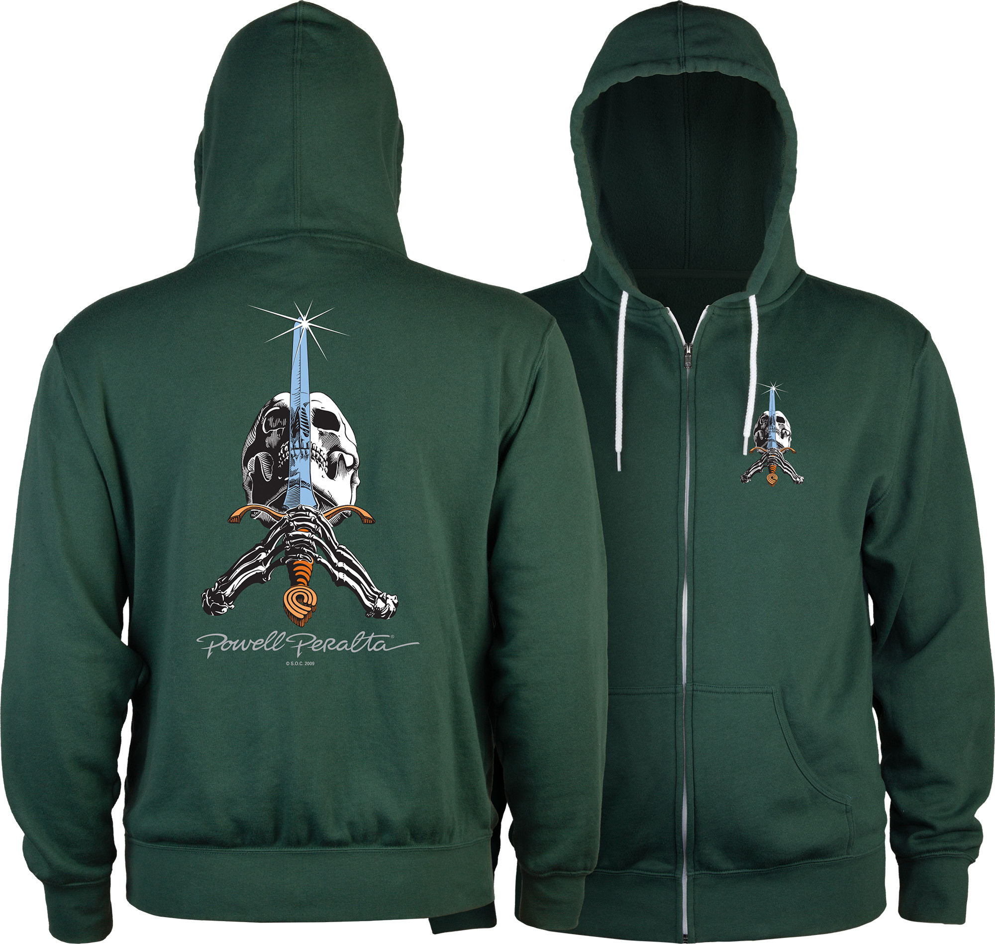 古着ヴィンテージPOWELL PERALTA スカル&ソード　パーカー　サイズM Powell Peralta Skull & Sword Lightweight Zip Hoodie Alpine Green